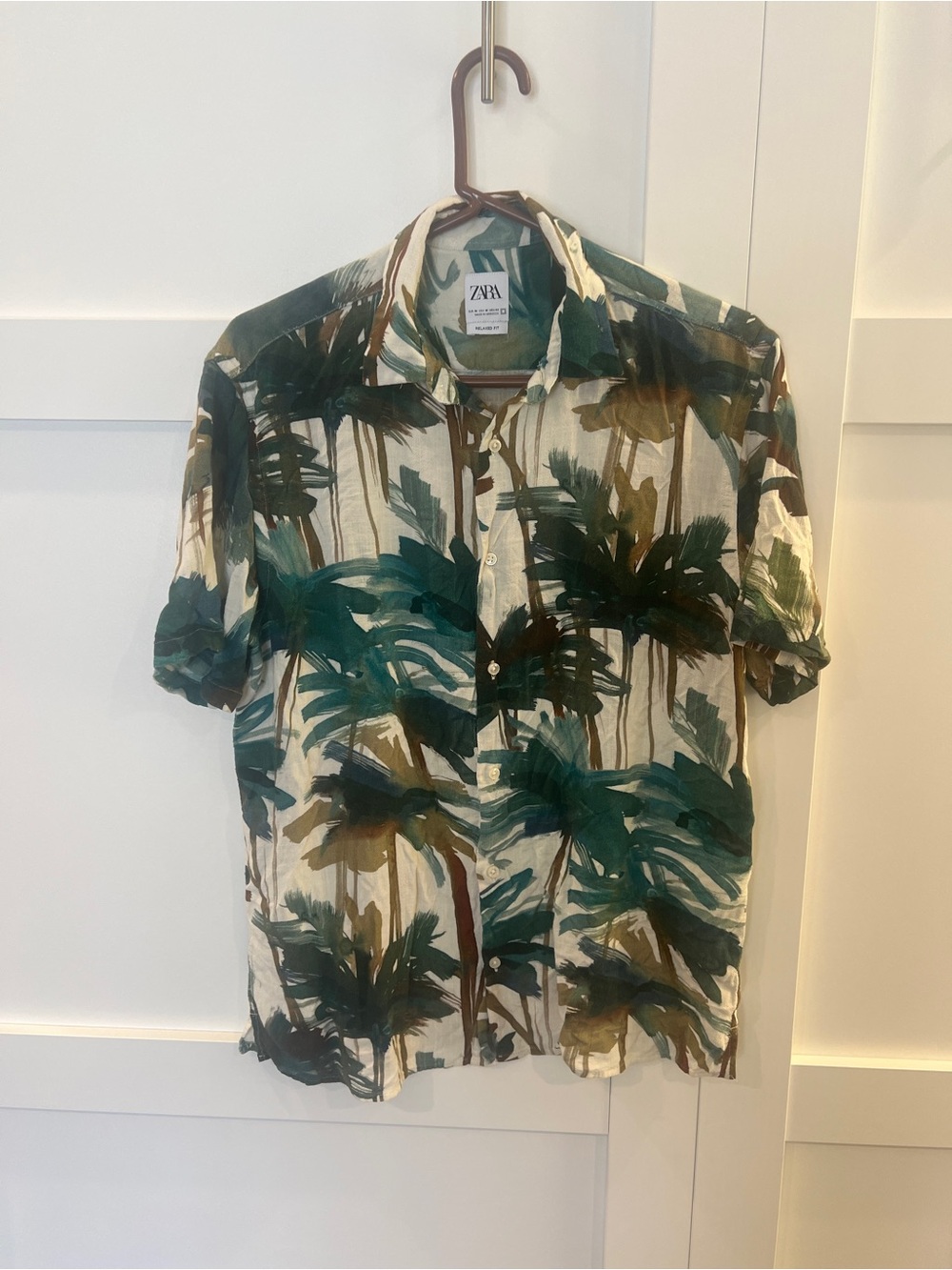 ZARA Teal and Brown Palm-Print Short-Sleeve Button-Down Shirt